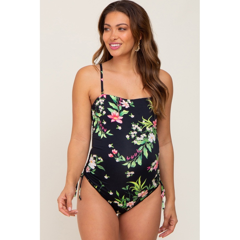 Black Floral Square Neck Side Drawstring Maternity One Piece Swimsuit