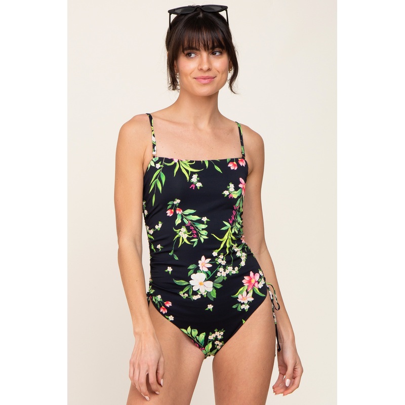 Black Floral Square Neck Side Drawstring One Piece Swimsuit