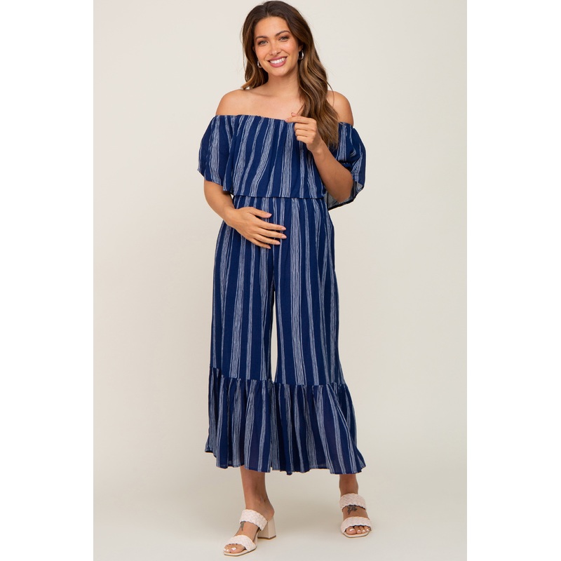 Navy Striped Off Shoulder Maternity Jumpsuit