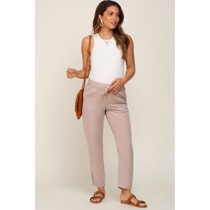 Taupe Drawstring Elastic Waist Maternity Pants