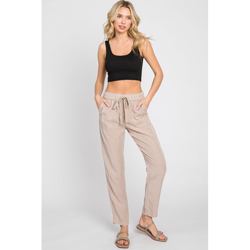 Taupe Drawstring Elastic Waist Pants