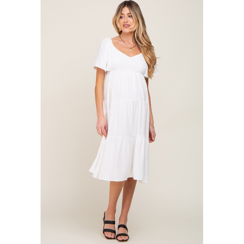 White Tiered Criss Cross Back Maternity Midi Dress