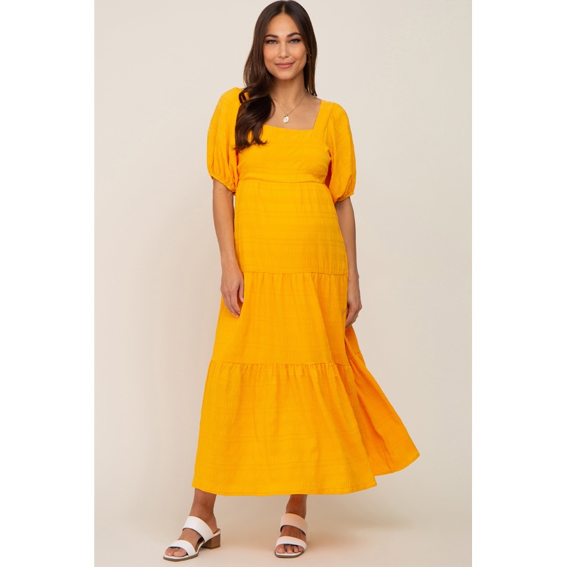 Yellow Textured Stripe Square Neck Tiered Maternity Maxi Dress