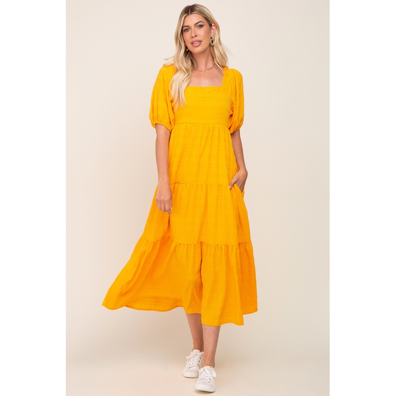 Yellow Textured Stripe Square Neck Tiered Maxi Dress