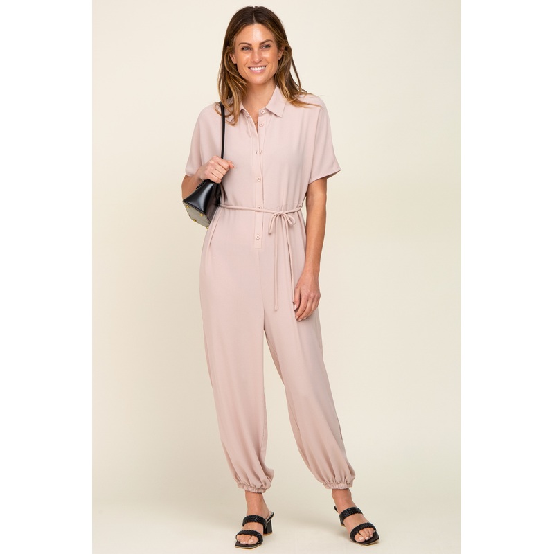 Beige Button Up Jumpsuit
