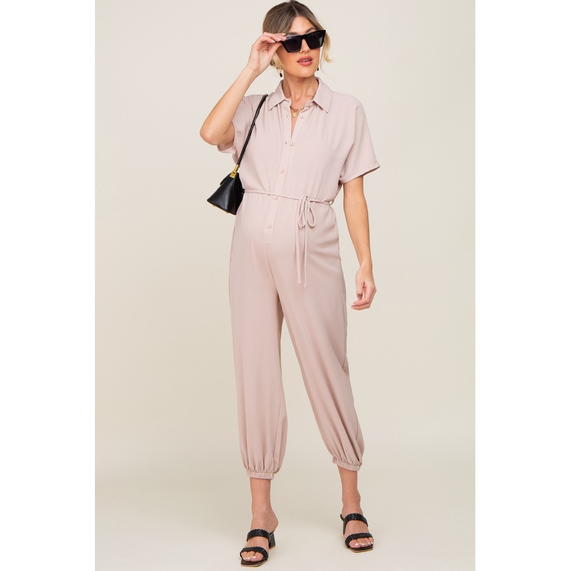 Beige Button Up Maternity Jumpsuit