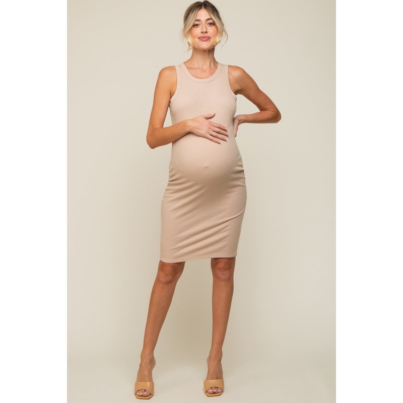 Beige Sleeveless Fitted Maternity Dress