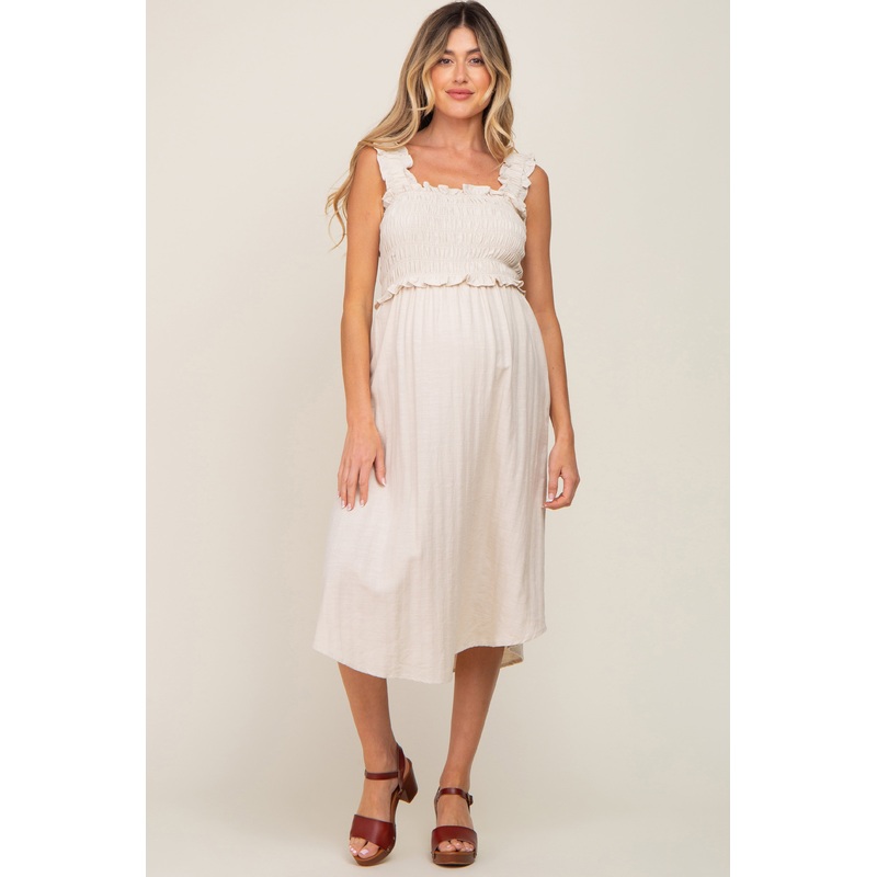 Beige Square Neck Smocked Sleeveless Maternity Midi Dress