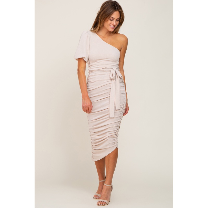 Beige Textured One Shoulder Ruched  Dress