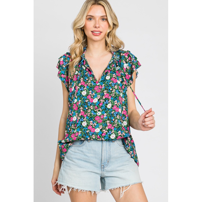 Black Floral Ruffle Accent Blouse