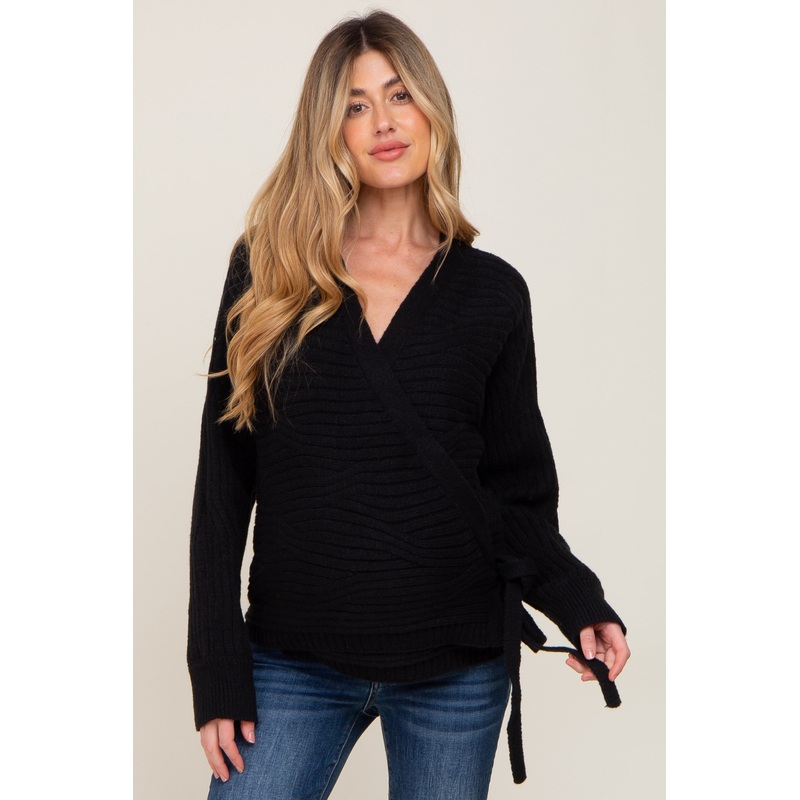 Black Rib Knit Wrap Maternity Sweater