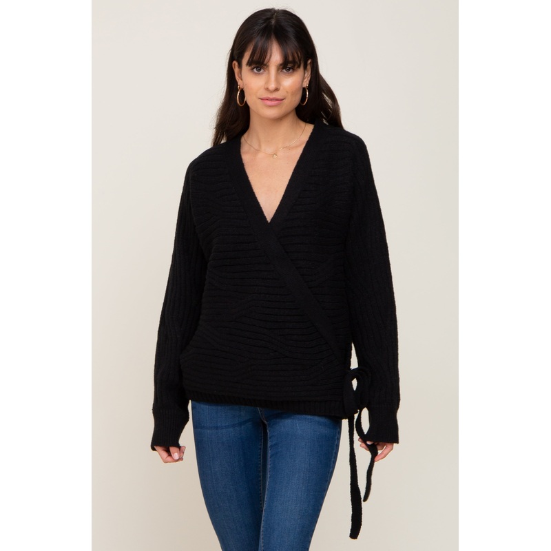 Black Rib Knit Wrap Sweater