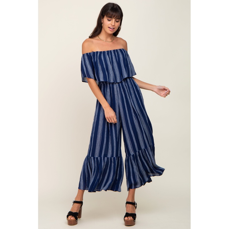 Navy Striped Off Shoulder Jumpsuit