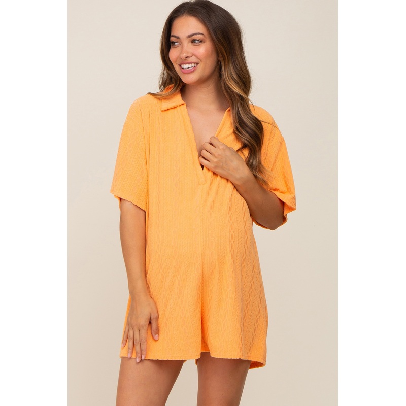Orange Terry Cloth Collared Maternity Romper