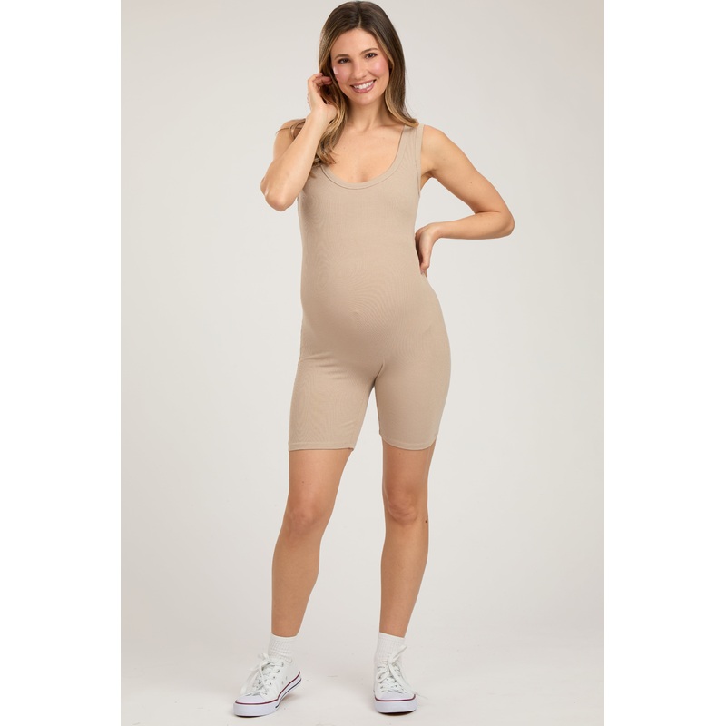 Taupe Sleeveless Ribbed Biker Short Maternity Romper