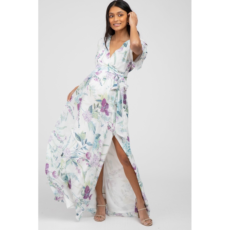 White Floral Chiffon Short Sleeve Maternity Maxi Dress