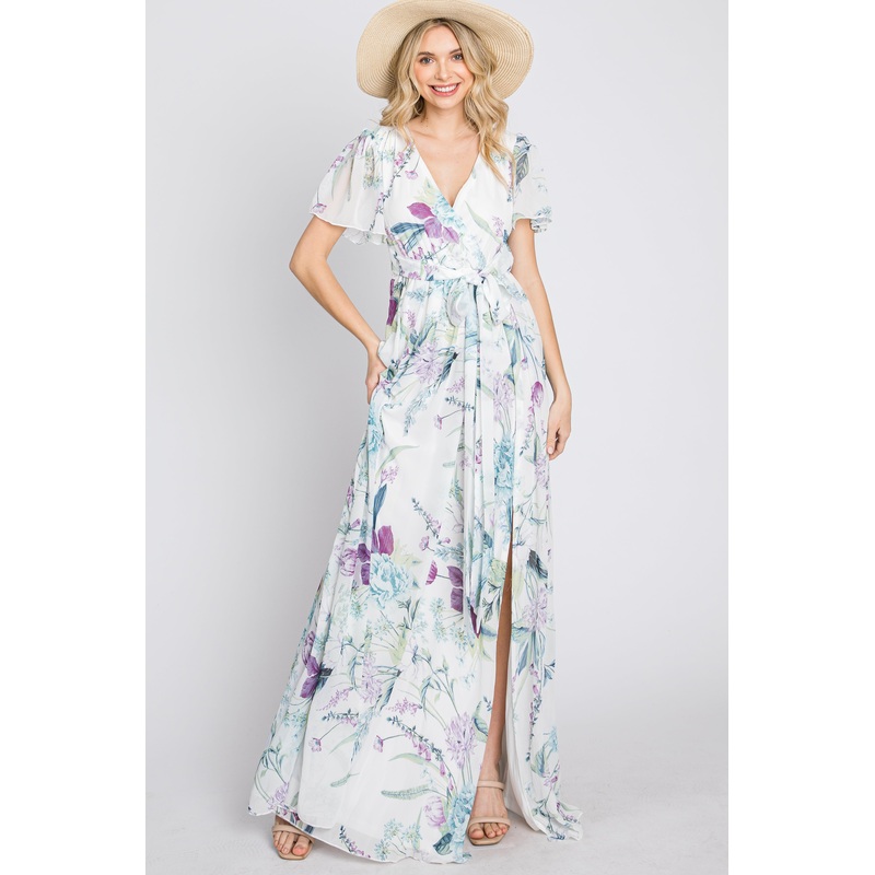 White Floral Chiffon Short Sleeve Maxi Dress
