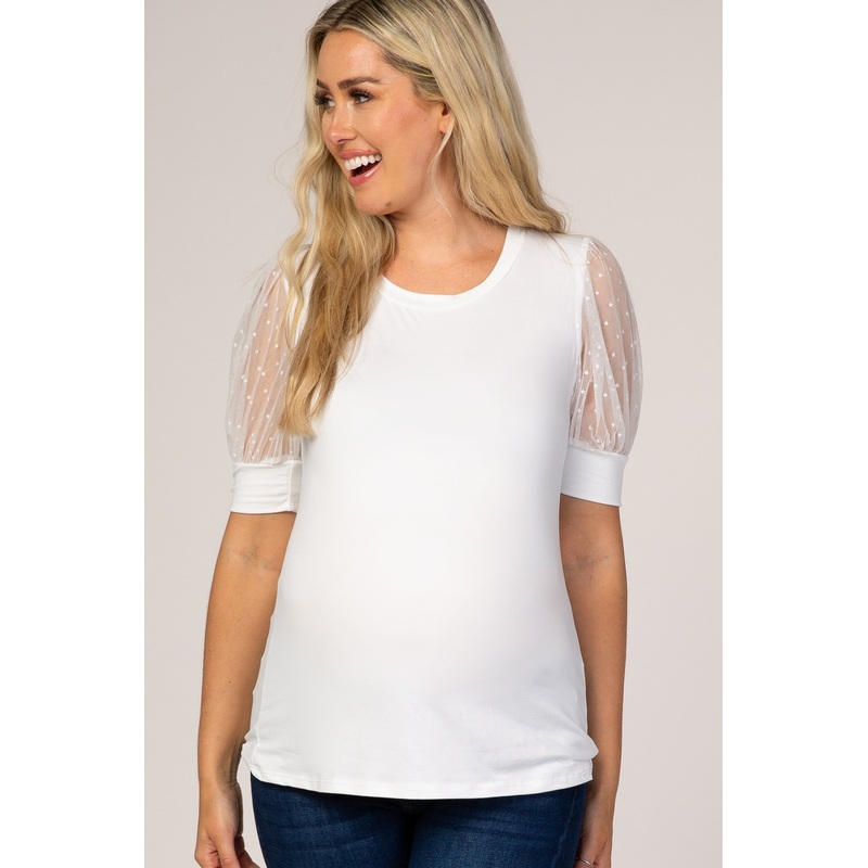 White Mesh Sleeve Maternity Top