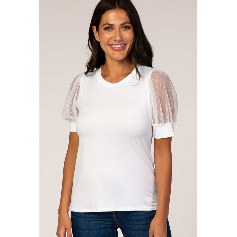 White Mesh Sleeve Top