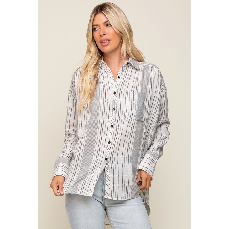 White Textured Stripe Button Down Hi-Low Top