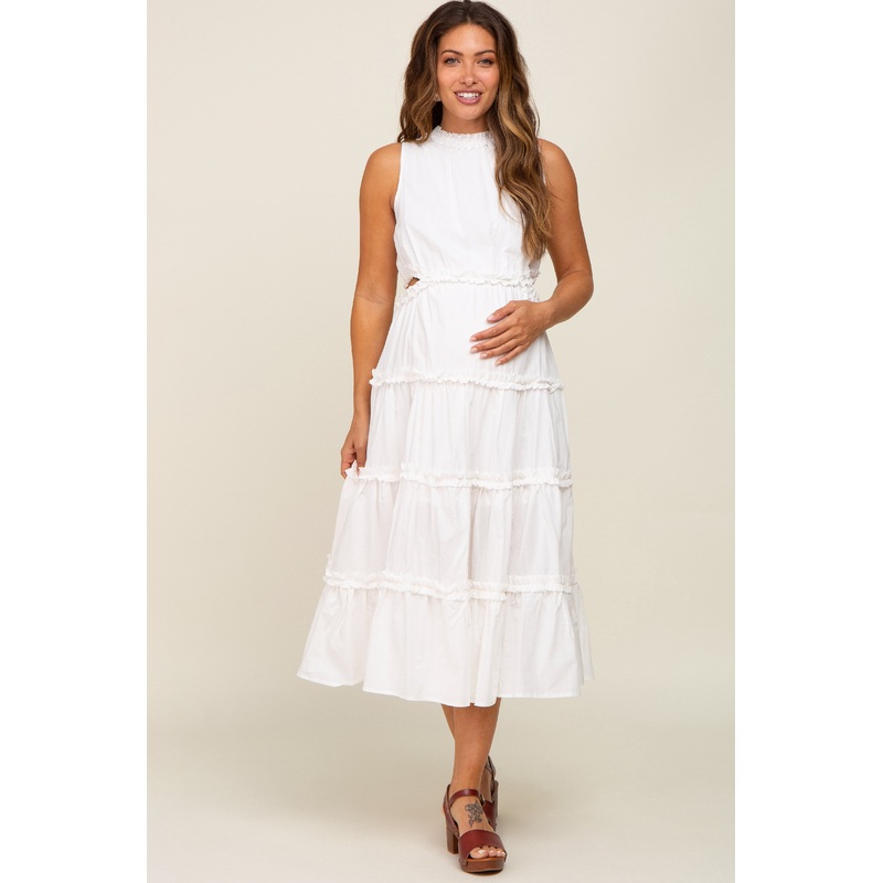 White Tiered Ruffle Cutout Maternity Midi Dress