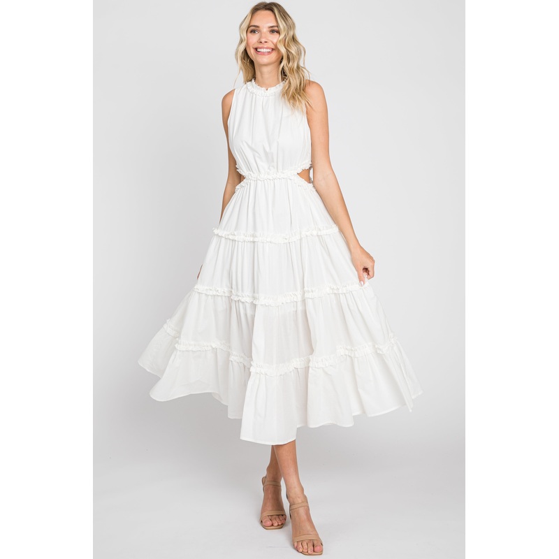 White Tiered Ruffle Cutout Midi Dress