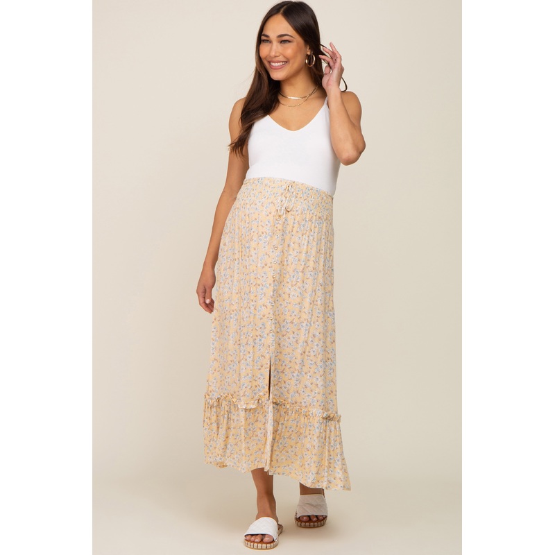 Yellow Floral Button Ruffle Maternity Maxi Skirt