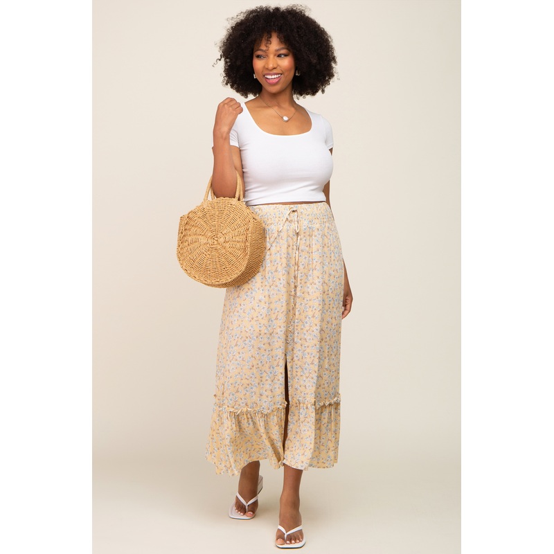 Yellow Floral Button Ruffle Maxi Skirt