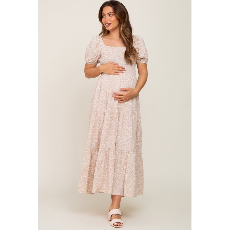 Beige Floral Smocked Square Neck Maternity Midi Dress