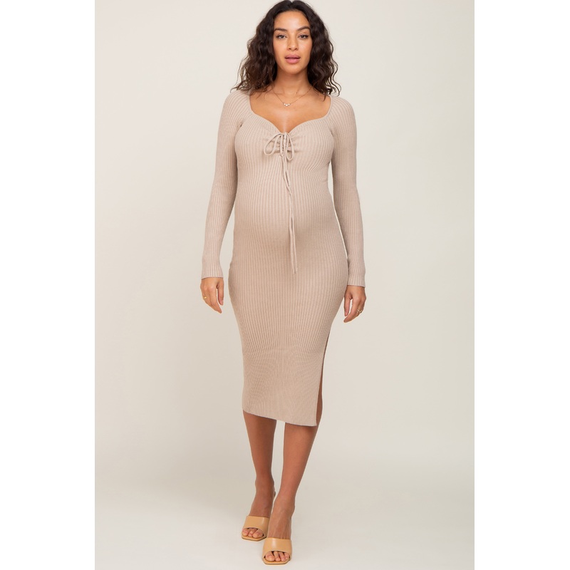 Beige Ribbed Ruched Front Long Sleeve Maternity Midi Dress
