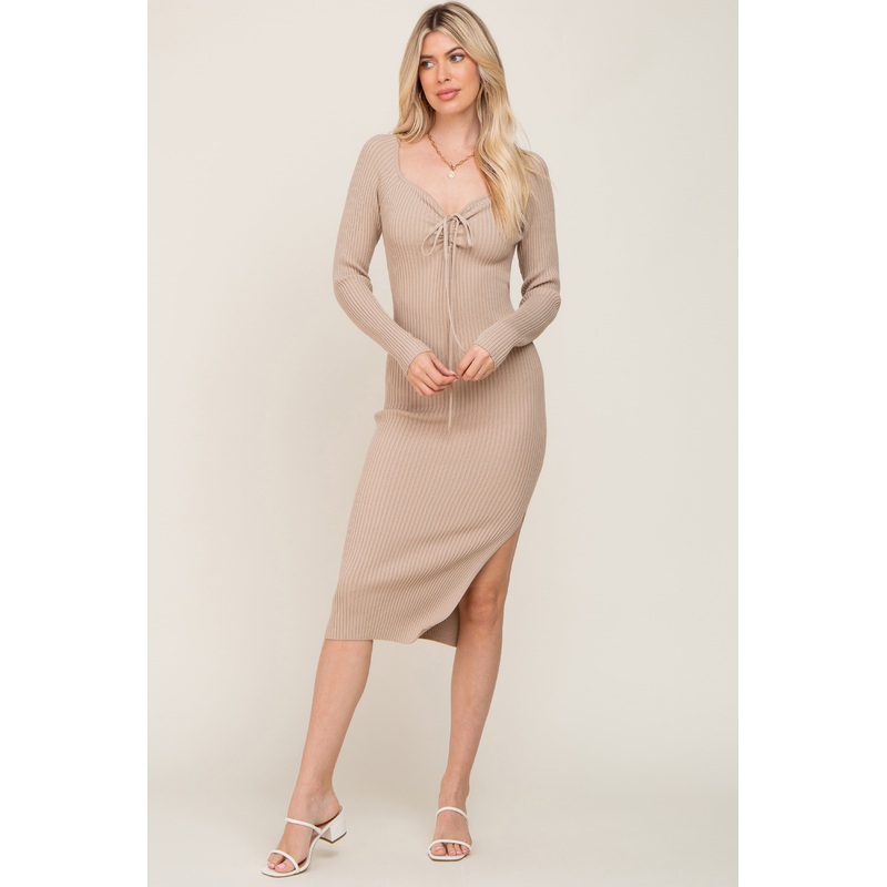 Beige Ribbed Ruched Front Long Sleeve Midi Dress