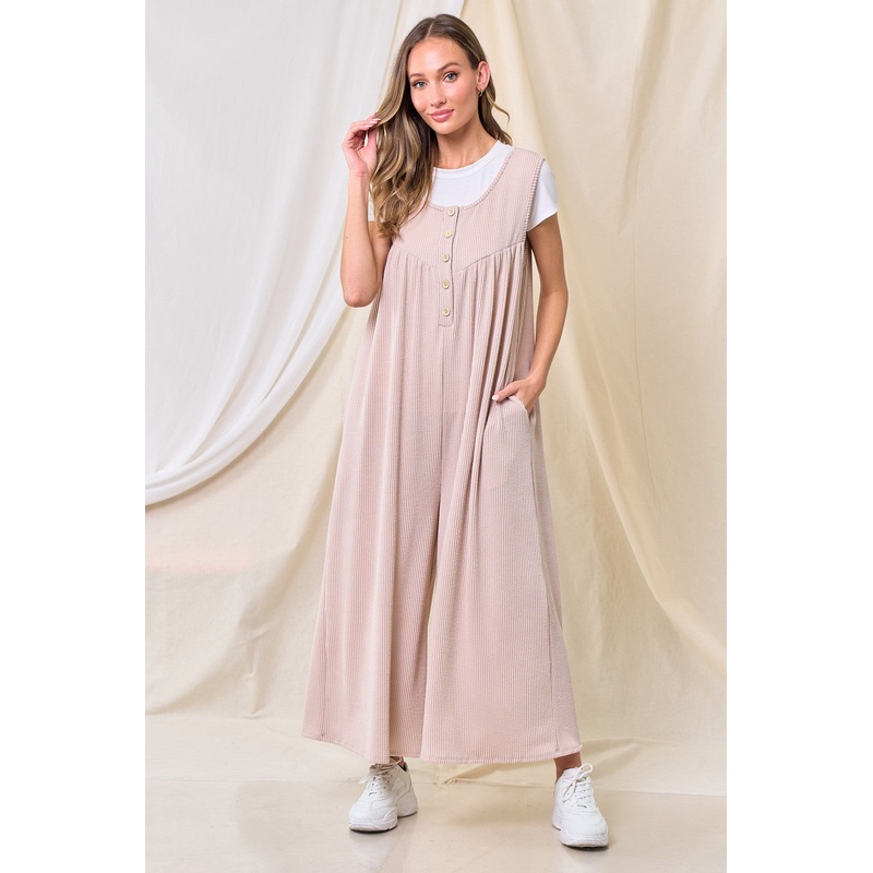 Beige Ribbed Sleeveless Button Front Jumpsuit