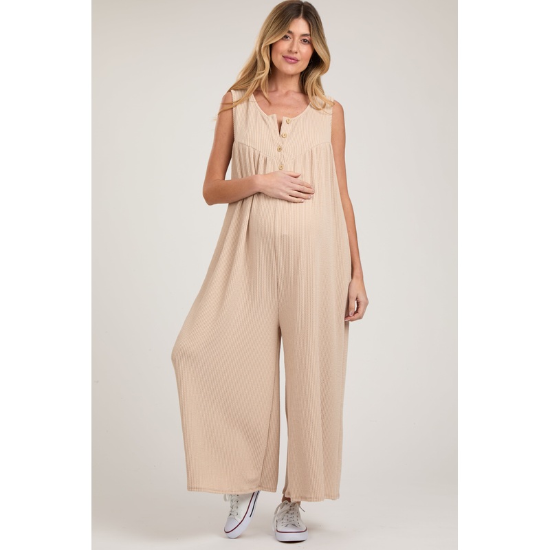 Beige Ribbed Sleeveless Button Front Maternity Jumpsuit