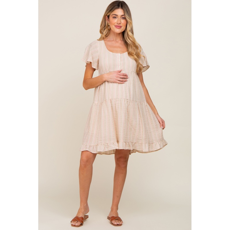 Beige Striped Linen Tiered Lace Up Back Maternity Dress