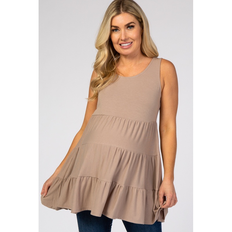 Beige Tiered Sleeveless Maternity Top