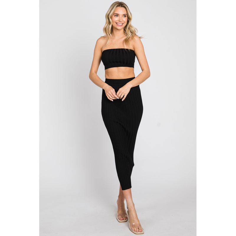 Black Ribbed Strapless Two Piece Skirt Set