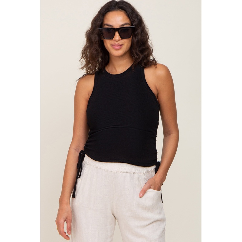 Black Ruched Side Tie Knit Maternity Tank Top