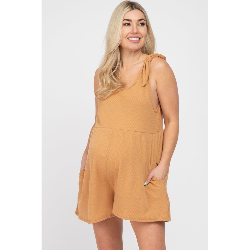 Camel Waffle Knit Shoulder Tie Maternity Romper