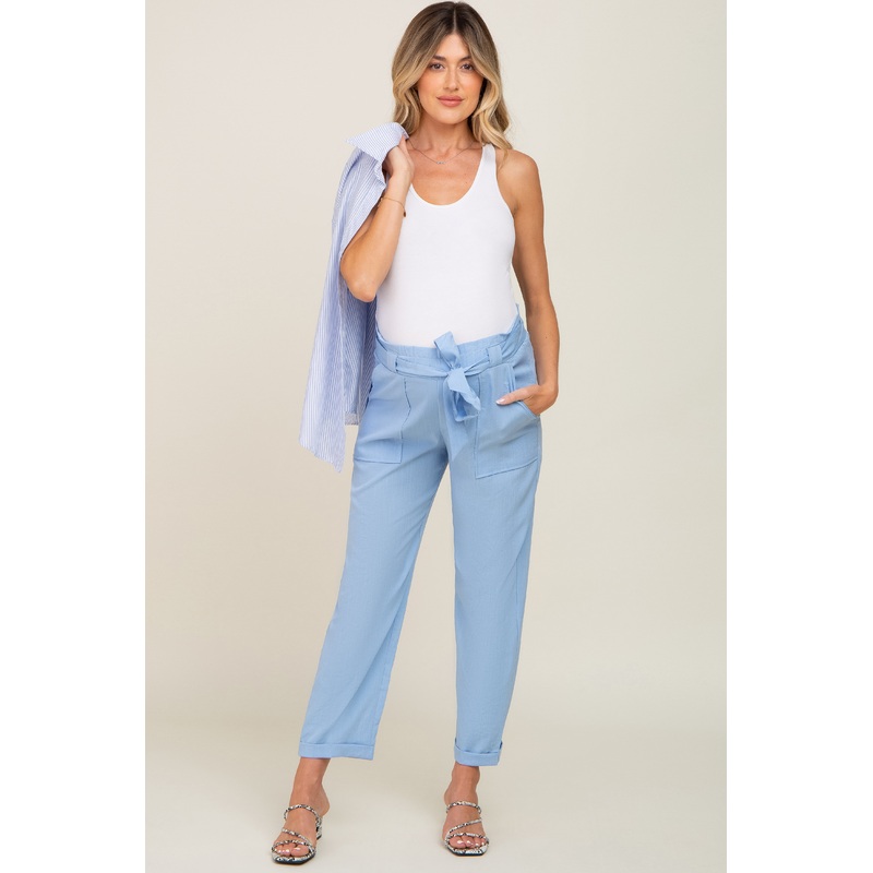 Light Blue Paper Bag Waist Cropped Maternity Pants