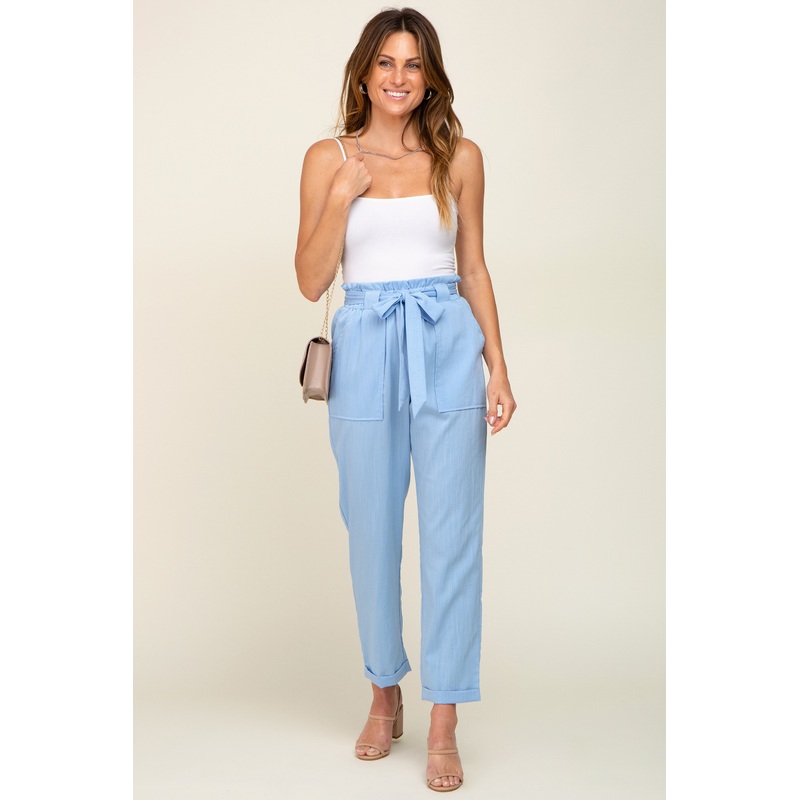 Light Blue Paper Bag Waist Cropped Pants