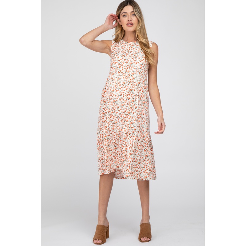 White Floral Ribbed Sleeveless Maternity Midi Dress