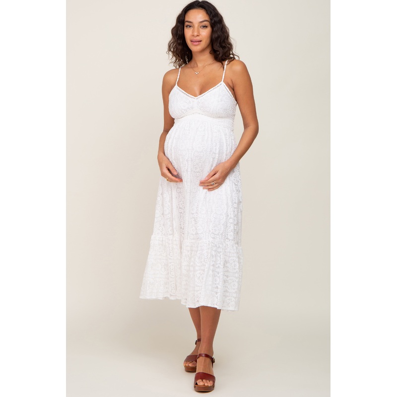 White Lace Crochet Maternity Midi Dress