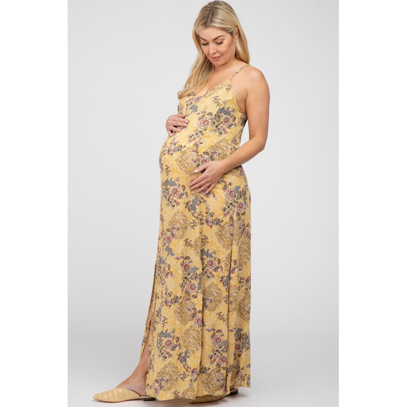 Yellow Floral Paisely Side Slit Maternity Maxi Dress