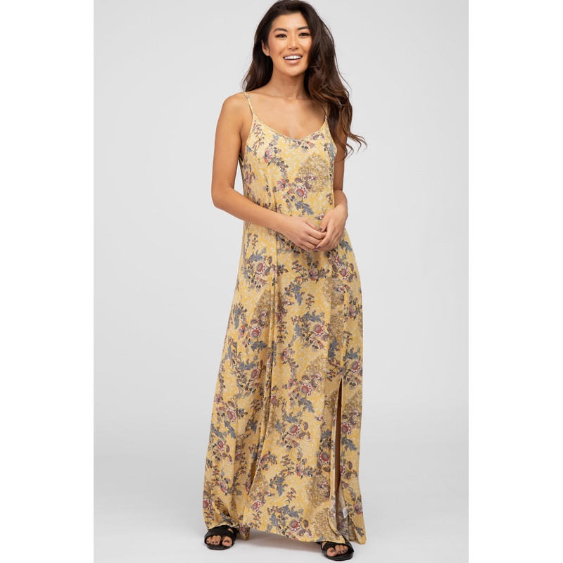 Yellow Floral Paisely Side Slit Maxi Dress
