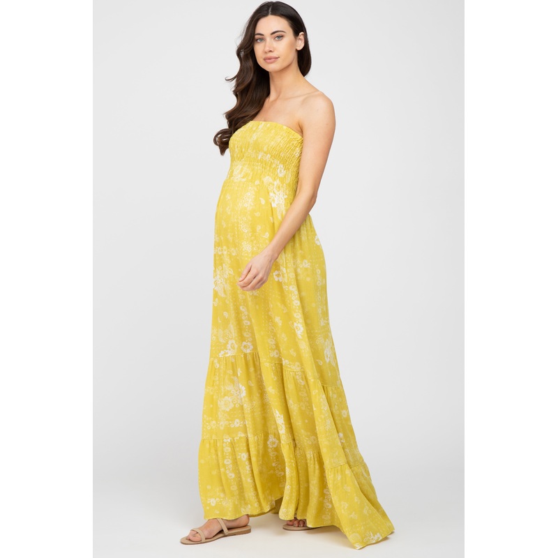 Yellow Floral Paisley Smocked Strapless Maternity Maxi Dress