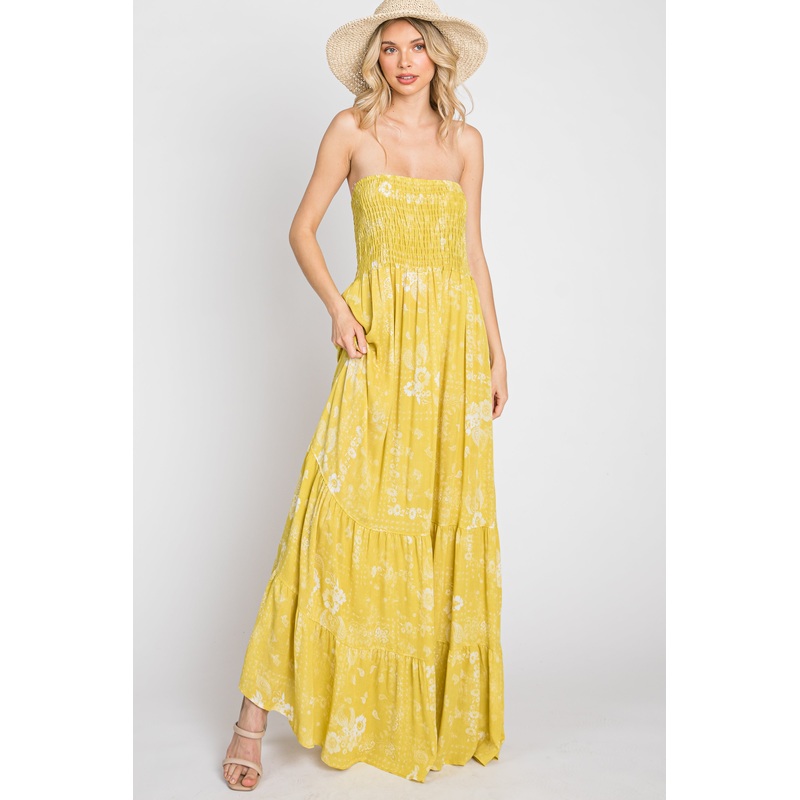 Yellow Floral Paisley Smocked Strapless Maxi Dress