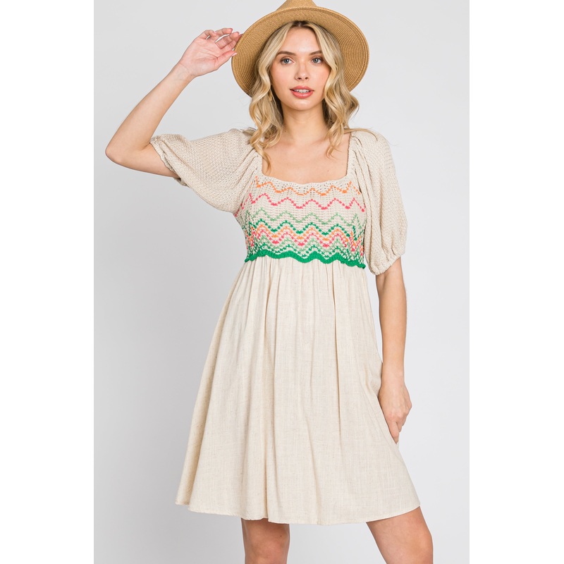 Beige Crochet Puff Sleeve Dress