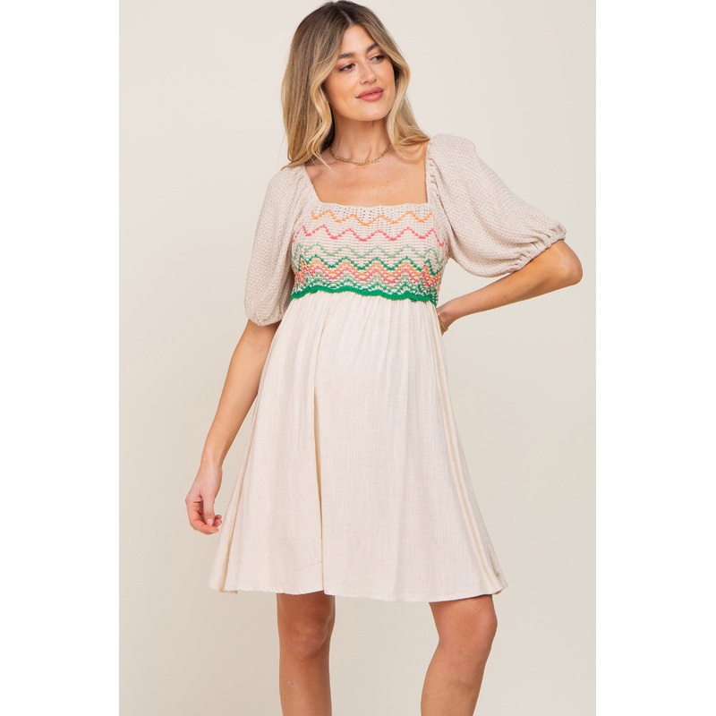 Beige Crochet Puff Sleeve Maternity Dress
