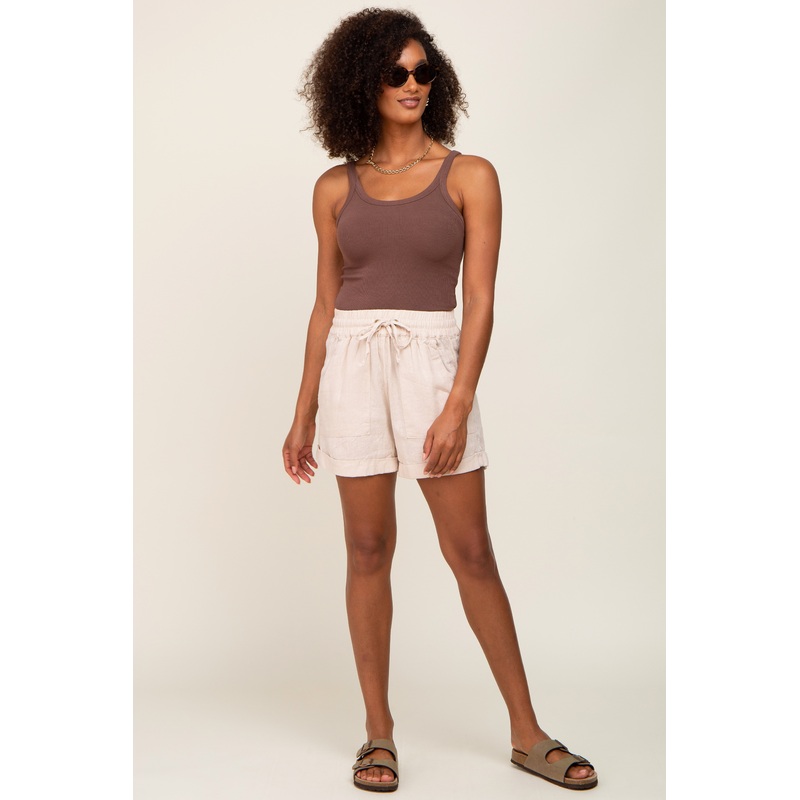Beige Drawstring Cuffed Shorts
