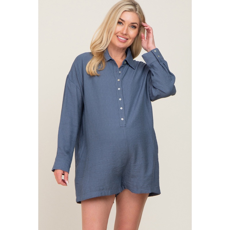 Blue Collared Button Front Maternity Romper